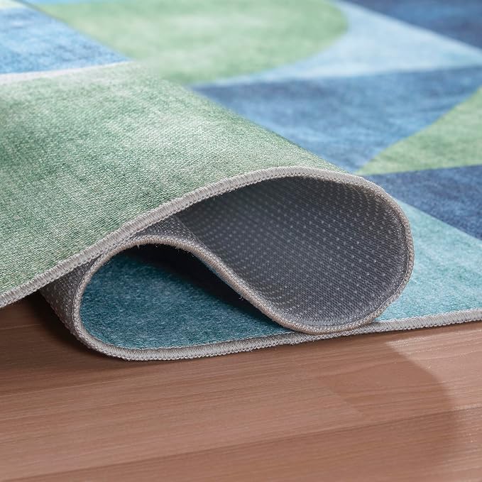 ReaLife Rugs Machine Washable Indoor Outdoor - Mat Rug Foldable Printed Thin Lightweight Cushioned Fade Resistant Patio Deck Dock Porch Pool Balcony Camping - Naya - Blue Green 5' x 7'