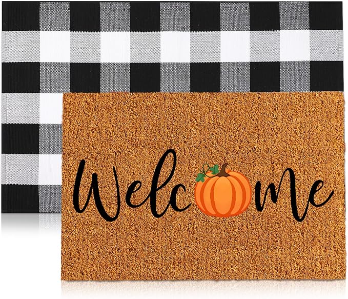 Moucuny 2 Pcs Fall Coir Doormat Outdoor 16'' x 28'' Pumpkin Welcome Doormat Layered 24'' x 35'' Buffalo Black and White Plaid Rug Fall Non Slip Floor Mat Fot Autumn Entrance Porch Front Decor