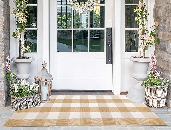 2'X4.3'Outdoor Rug Khaki and White Checkered Front Porch Rug Cotton Woven Washable Layered Doormat for Entryway Dining Room Bedroom Living Room