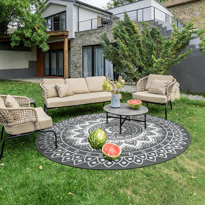 Round Outdoor Rugs for Patios, 6Ft Waterproof Reversible Plastic Straw Mat with Carry Bags, Boho Lightweight Outdoor Carpet Portable Round Floor Mat for Patio Camping Picnic Backyard RV,Grey & White