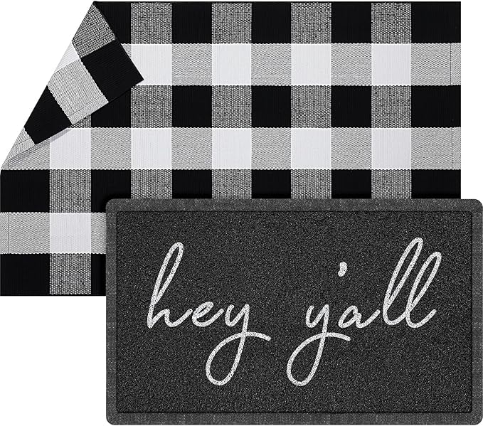 Geelin 2 Pcs 30'' x 18'' Doormat 43'' x 27.5'' Black and White Layered Rug for Front Door Mat Outside Entrance Welcome Door Mats for Indoor Outdoor Entryway Porch Decor(Hey Y'all)