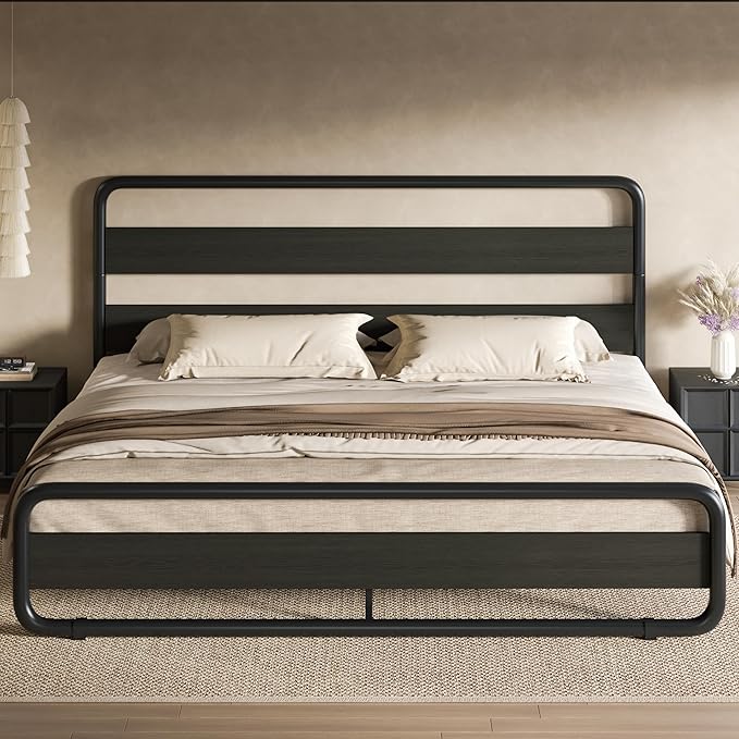 SHA CERLIN King Size Metal Bed Frame with Wooden Headboard and Footboard, Heavy Duty Platform Bed Frame with 10" Under-Bed Storage, Noise-Free, No Box Spring Needed, Black