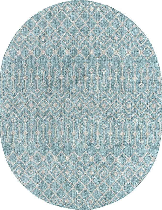 Unique Loom Outdoor Trellis Collection Area Rug - Tribal Trellis (7' 10" x 10' Oval, Aqua/ Ivory)