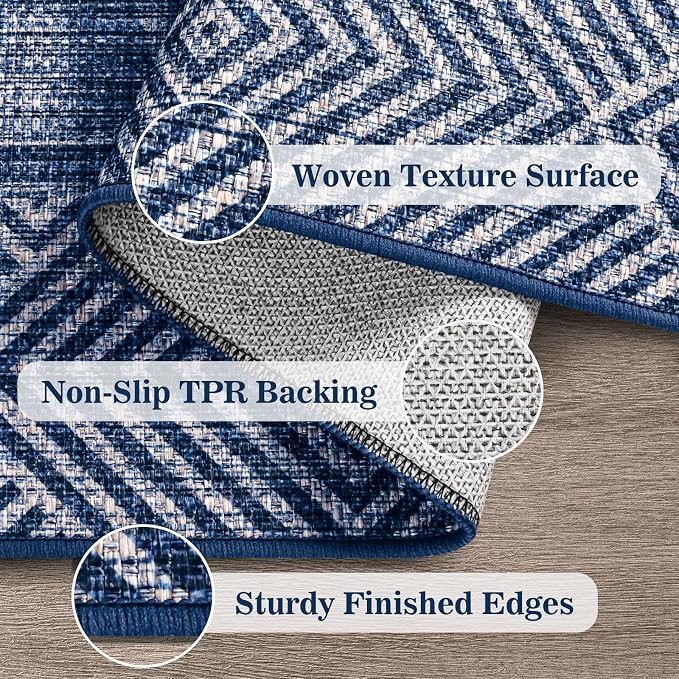 Easy Jute Rug 5x7 Outdoor Patio Rug with Border, Washable Rugs for Living Room, Farmhouse Non Slip Area Rugs with Rubber Backing Indoor Outdoor, Non Shedding Carpet for Bedroom, Courtyard, Blue