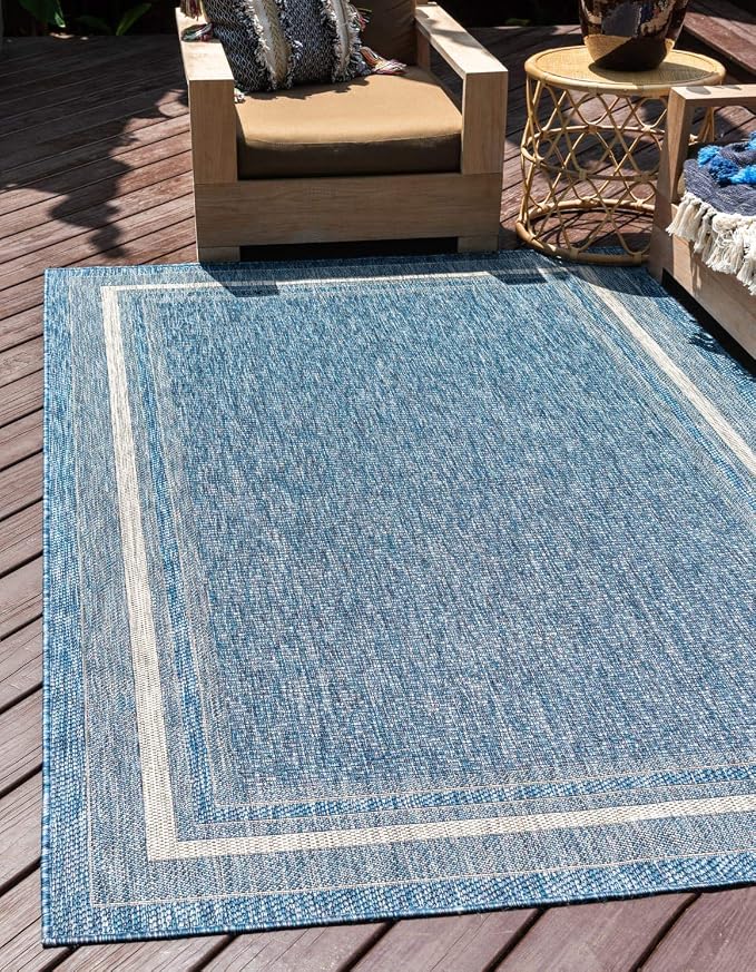 Unique Loom Outdoor Border Collection Area Rug - Soft Border (7' 1" x 10' Rectangle, Blue/ Ivory)
