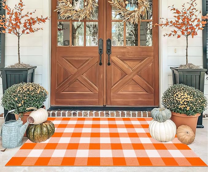 3'x5' Outdoor Rug,Halloween Orange White Front Porch Mat Farmhouse Cotton Washable Layering Rug Checkered Area Rug for Porch,Entryway,Layered Doormat,Indoor,Outdoor,Halloween,Fall