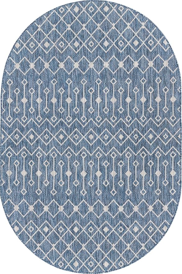 Unique Loom Outdoor Trellis Collection Area Rug - Tribal Trellis (5' 1" x 8' Oval, Blue/ Ivory)