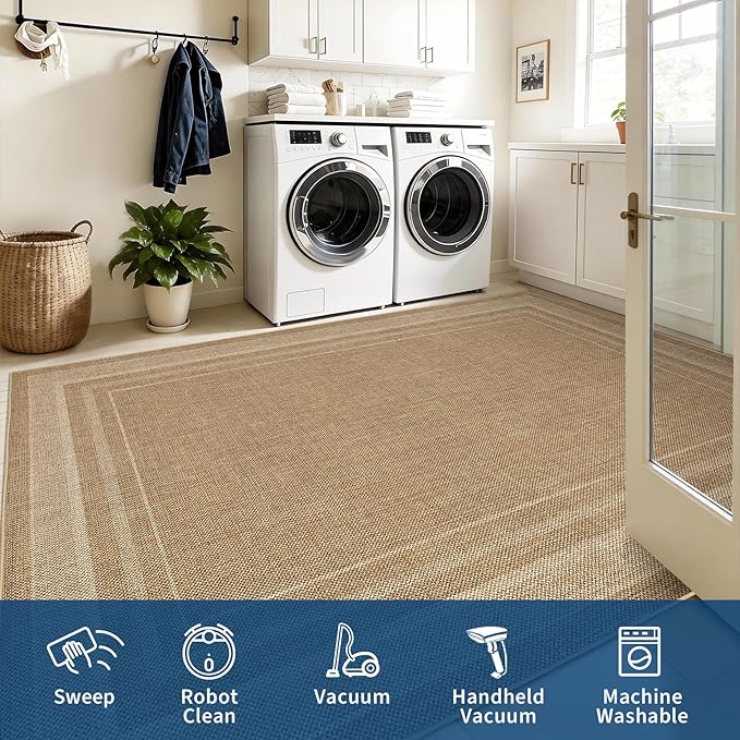 GarveeHome 2x6 Runner Rug for Hallway Modern Solid Washable Kitchen Rugs | Non Slip Modern Neutral Bordered Stain Resistant Indoor Throw Carpet for Nursery Kitchen Dining Room Entryway, Jute