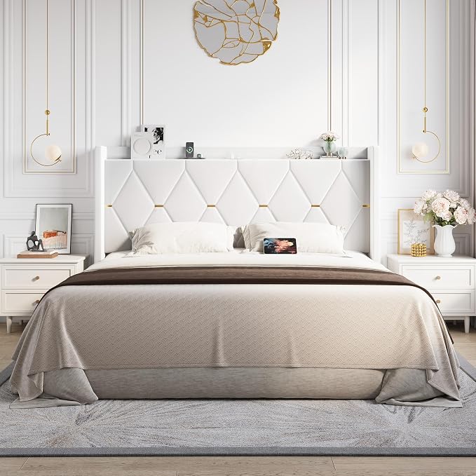 Allewie King Size Bed Frame with Storage Headboard & Charging Station | Diamond Tufted Design & Gold Trim, Velvet Upholstered Platform Bed, No Box Spring Needed, Easy Assembly, Noise-Free, White