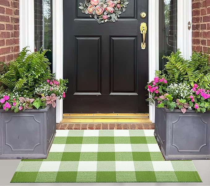 Buffalo Plaid Door Mats Outdoor 24''X35'' Green and White Checked Outdoor Rug Cotton Woven Washable Layering Door Mat for Welcome Mat Entryway Bedroom Living Room