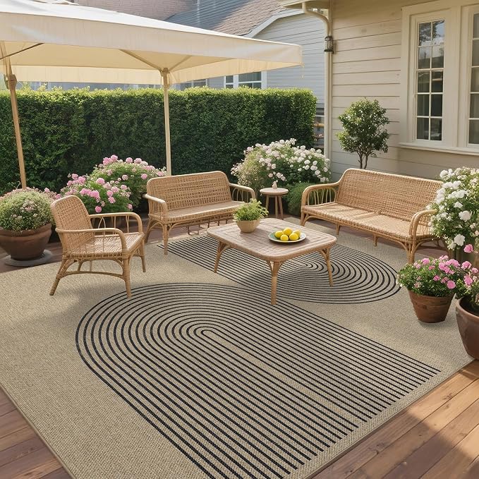 Easy Jute Rug for Pet Homes: 8x10 Outdoor Rug - Black Stripes | Washable Design Cuts Your Cleaning Time by 75% and Maintain Shape and Texture after 50 Washes