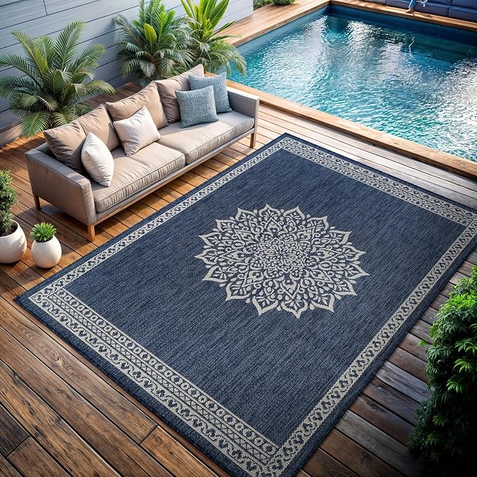 CAMILSON Outdoor Rug 10x14 Medallion Blue Modern Large Area Rugs for Indoor and Outdoor Patios Kitchen and Hallway Mats Washable Porch Deck Outside Carpet (Medallion Blue 10 x 14)