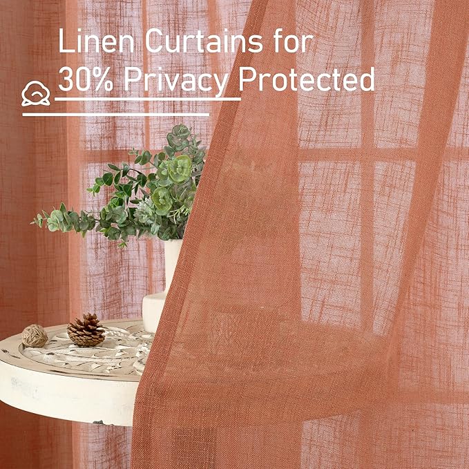 LAMIT Light Filtering Linen Curtains 63 inches Long for Bedroom, Linen Textured Semi Sheer Back Tab and Rod Pocket Terracotta Boho Drapes for Living Room, 2 Panels, 60 x 63 Inch
