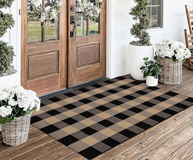 Outdoor Rug 3'x5' Tan and Black Checkered Porch Rug Cotton Woven Washable Area Rug Indoor Outdoor Door Mats for Welcome Layered Porch Entryway Bedroom Living Room