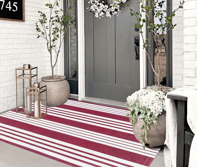 BUAGETUP Red and White Outdoor Rug 3'x 5' Hand-Woven Cotton Washable Rug Striped Front Porch Rug Indoor/Outdoor Area Rug Floor Mat for Farmhouse/Layered Door Mats/Living Room