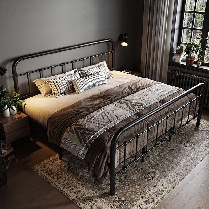 Allewie King Metal Bed Frame with Victorian Iron-Art Headboard, Black | Victorian Style Wrought Iron-Art Headboard/Footboard, Easy Assembly, Under Bed Storage, No Box Spring Required