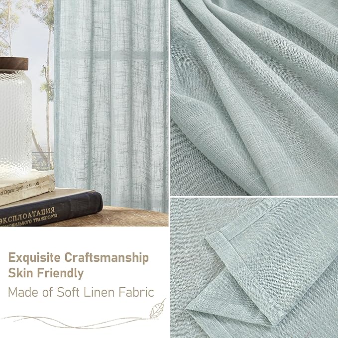 LAMIT Short Linen Curtains 40 Inch Length, Semi Sheer Light Filtering Panels Back Tab and Rod Pocket Neutral Drapes for Basement/Window/Loft Room, Greyish Blue, 34 x 40 Inch, 2 Panels