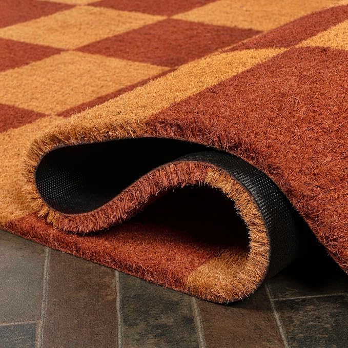 JONATHAN Y Checkered Coir Indoor Outdoor Doormat 5X8 Natural/Red, Porter Classic Farmhouse for Living Room, Bedroom, Kitchen, Office, Easy-Cleaning, High Traffic, Pet-Friendly, Non-Shedding NRF110A-5