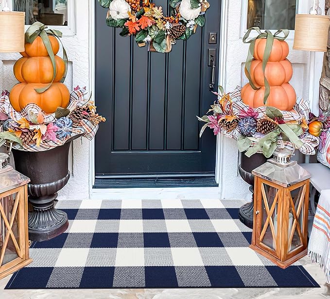 Front Door Mat Outdoor 24''x35''Blue and White Buffalo Plaid Area Rug Machine Washable Cotton Woven Layering Doomat for Hello/Welcome Mat Porch，Kitchen,Farmhouse,Entryway,Bedroom