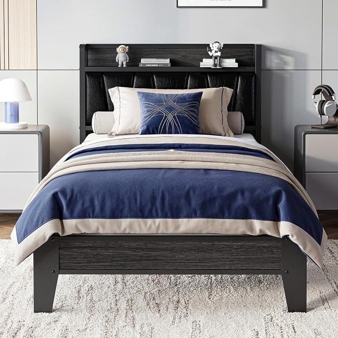 LIKIMIO Twin XL Bed Frames, PU Leather Storage Headboard with Charging Station, Solid and Stable, Noise Free, No Box Spring Needed, Easy Assembly, Black