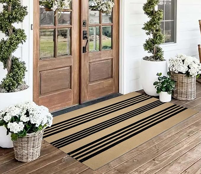 Striped Outdoor Rug 24"x51",Tan and Black Layered Doormat Cotton Woven Washable Indoor Outdoor Porch Rug Farmhouse Small Area Rug for Porch/Entryway/Home Entrance Decor