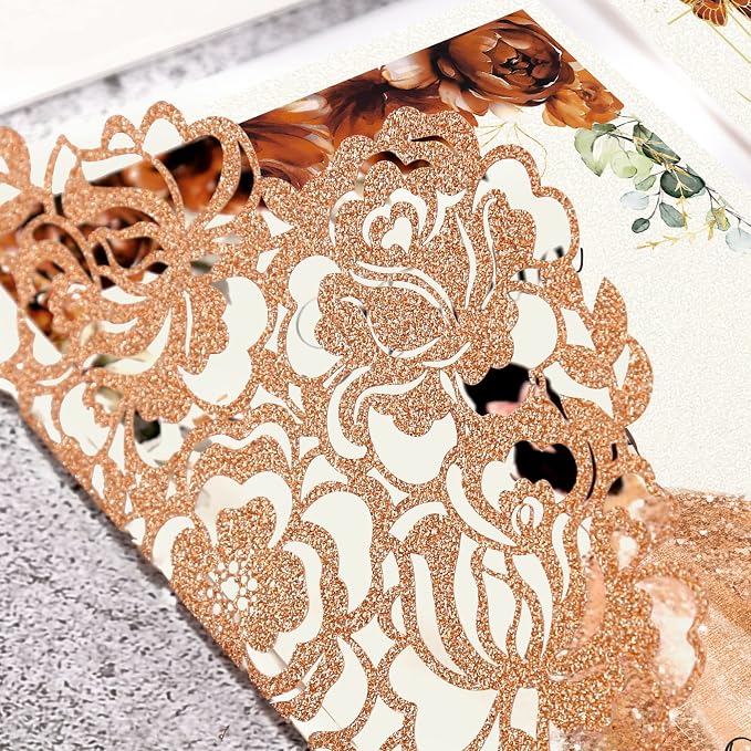 DORIS HOME 50Pcs Personalized Laser Cut Quinceanera Invitations, Terracotta | 4.7"x7.1", Customized Quince Invitations, For 15th Birthday, Sweet 16, With Envelopes