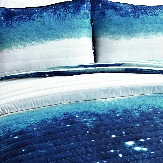 Lush Decor Space Star Ombre Quilt 3 Piece Set, Full/ Queen, Navy & White - Toddler Galaxy Reversible Watercolor Stripe Print for Kids Room