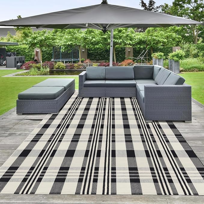 Buffalo Plaid Rug 6x9 Feet Cotton Woven Black and Off White Checkered Buffalo Check Area Rug Washable Indoor Outdoor Carpet for Living Room Bedroom Dining Room Patio Farmhouse