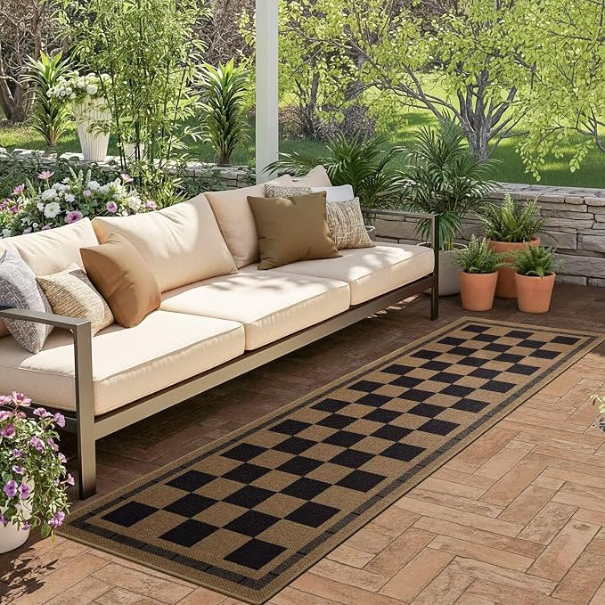 Patio Porch Balcony Runner Carpet Indoor Bedroom Kitchen Laundry Mat, Non Slip Plaid Farmhouse Carpets, Black and Brown