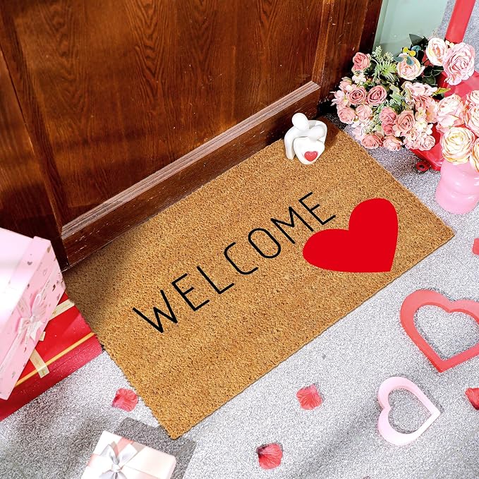 Ceenna Valentine's Day Coir Doormat Romantic Outdoor Indoor Decoration Red Heart Non Slip Welcome Door Mat 15.7" x 27.5" Valentine's Day Rug Decorative Front Door Mat for Porch Gifts