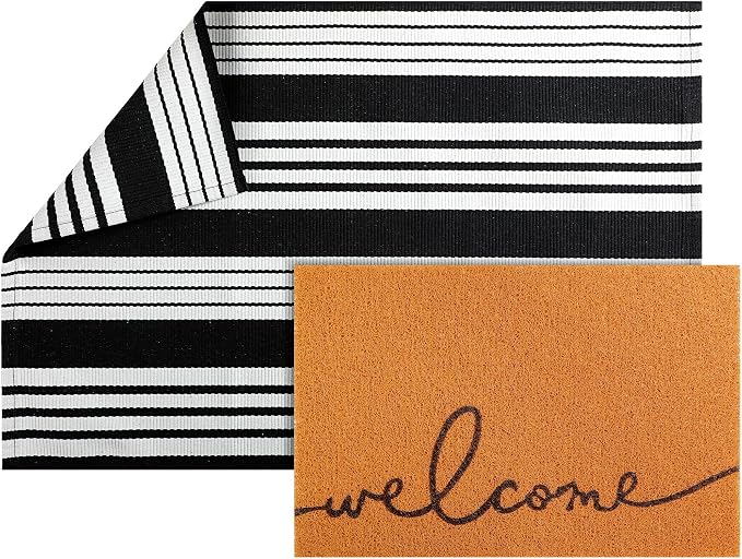 2 Pcs Outdoor Door Mat Combo Set Layered Outdoor Rug and Coir Welcome Doormat Non Slip Outside Floor Mat for Front Porch Entryway Patio Yard Decor(Welcoming,24'' X 35'',24'' X 16'')