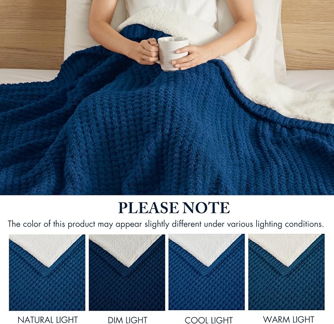 Madison Park Rowan Sherpa Throw Blanket Waffle Weave, 50 x 60, Navy Blue | Cozy Warmth for Sofa or Bed, Reversible, Lightweight, Farmhouse, OEKO-TEX Certified