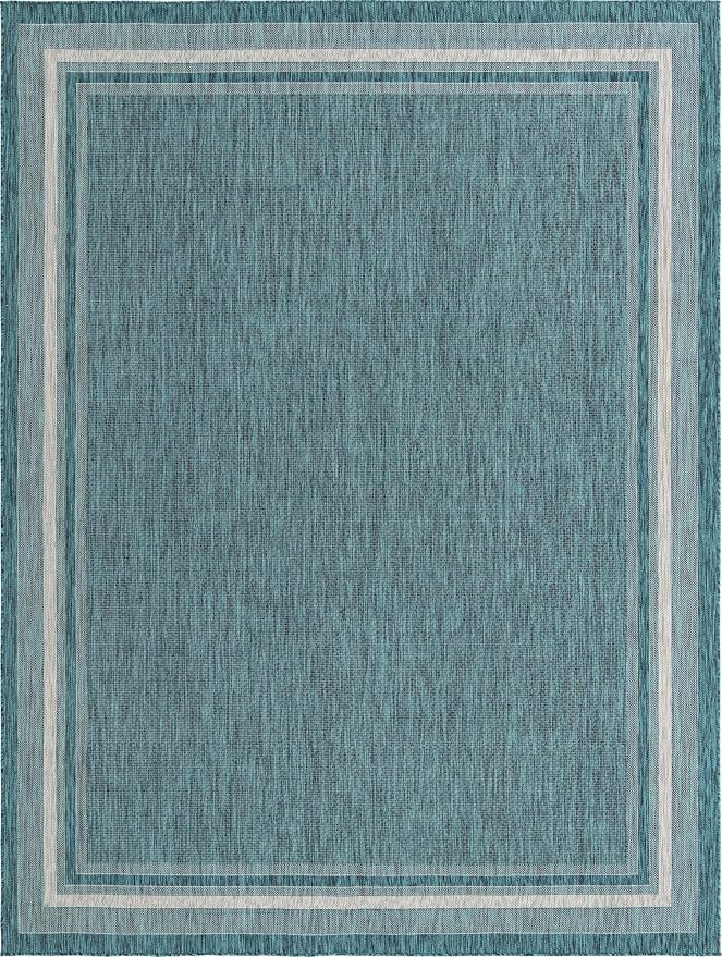 Unique Loom Outdoor Border Collection Area Rug - Soft Border (10'x 13' Rectangle, Teal/ Ivory)