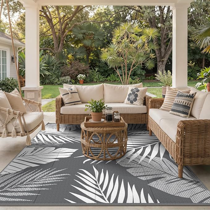 GENIMO Outdoor Rug, Waterproof Plastic Rugs for Patio, 9'x12' Grey White | Outside Larger Leaf Carpet Mat for Porch Decor, Deck, Balcony, Camping, RV, Backyard, Picnic, Beach, Reversible, Foldable
