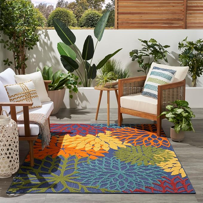 Nourison Home Aloha Navy Multicolor 6' x 9' Area Rug - Easy Clean, Non Shedding, Bed Room, Living Room, Dining Room, Kitchen (6' x 9')