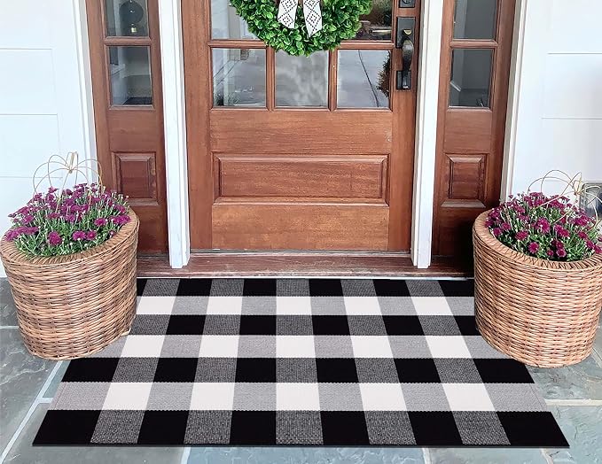 Black and White Layered Doormat 27.5''X 43.3''Checkered Outdoor Rug Cotton Woven Washable Door Mats Outdoor for Welcome Hello Door Mat Porch Entryway Bedroom Living Room