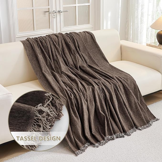 MYSKY HOME Boho Couch Cover Chocolate Sofa Covers with White Tassel Farmhouse Sofa Slipcover Simple Couch Protector for Dogs Chenille Sectional Couch Covers L Shaped Couch Cushion Covers, 91"x 134"