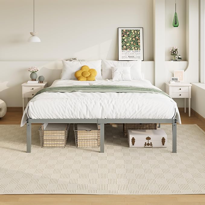 Allewie Full Size Bed Frame, 14 inch Metal Beds with Storage Space, Grey | Heavy-Duty Metal Platform Beds, Large Under-Bed Storage Space, No Box Spring Needed, Easy Assembly