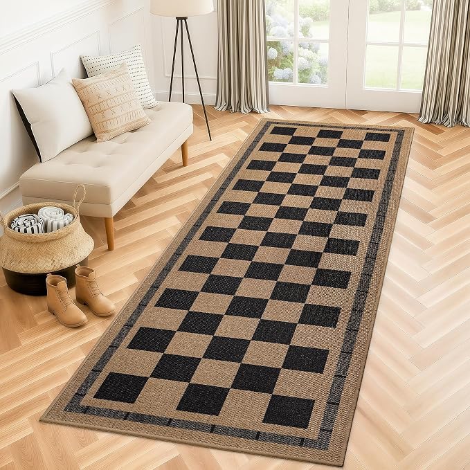 Patio Porch Balcony Runner Carpet Indoor Bedroom Kitchen Laundry Mat, Non Slip Plaid Farmhouse Carpets, Black and Brown