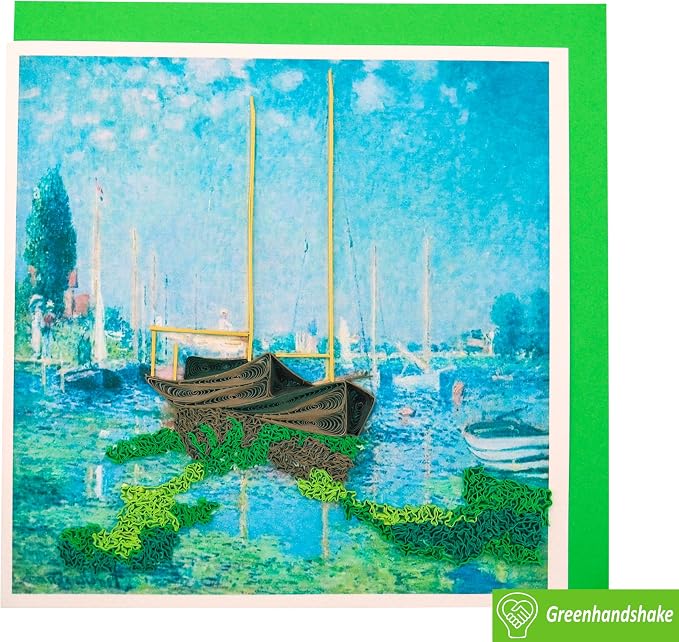 GREENHANDSHAKE The Boats at Argenteuil, 1875 by Claude Monet Quilling Art Greeting Card,Design Greeting Card for Birthday, Valentine's Day, Get Well, All Occasion. Framable Artwork for Art Lovers