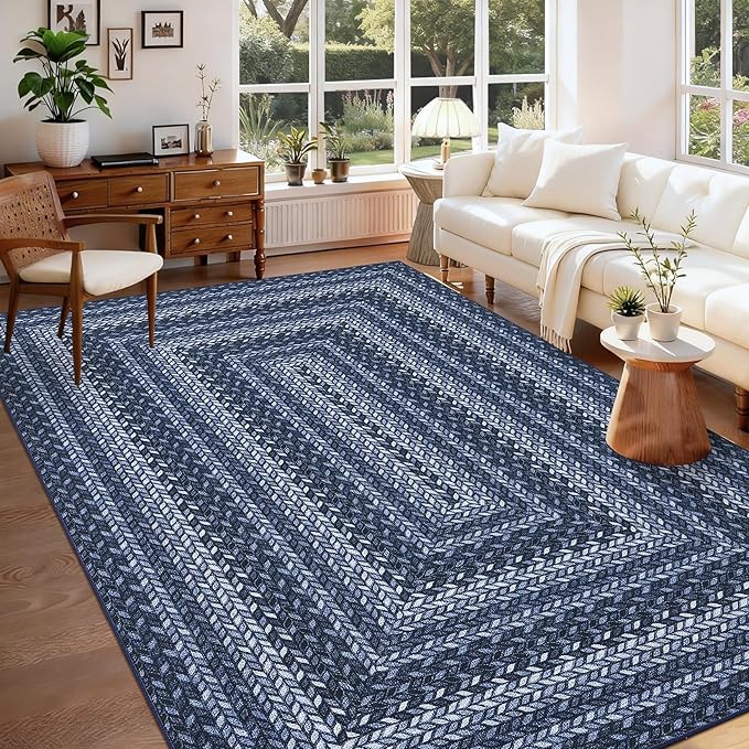 GarveeHome 8x10 Washable Living Room Area Rug Non Slip Braided Rugs | Low Pile Stain Resistant Dining Room Throw Carpet Indoor Outdoor Modern Bordered Area Rugs for Home Decor, Blue
