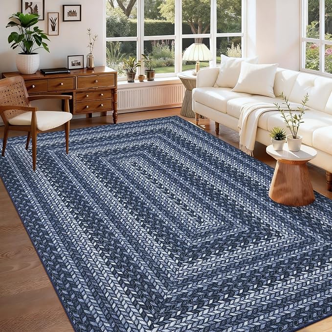 GarveeHome Washable 4x6 Area Rug Living Room Modern Easy Jute Area Rugs | Non Slip Stain Resistant Easy Jute Dining Room Throw Carpet Solid Area Rug for Kitchen Bedroom Nursery Home Decor, Blue