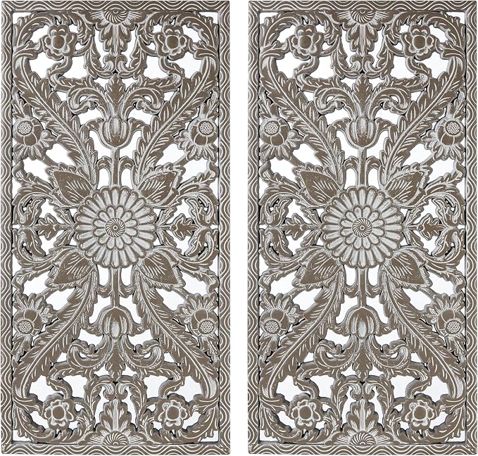 Madison Park Wall Décor for Living Room - Botanical Panel, Home Accent Modern Kitchen Dining Decoration, Ready to Hang 2-Piece Distressed Carved Wood Panel Set for Bedroom, 15.75"W x 31.50"H, Antique Green