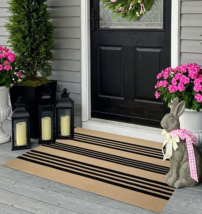 Tan and Black Outdoor Rug,2x3 ft Striped Small Area Rug Cotton Woven Washable Farmhouse Layered Door Mats for Entryway/Porch Decor/Kitchen/Home Entrance
