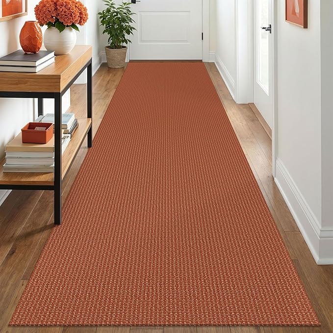 IOHOUZE Washable Runner Rug 3x12 Non Slip Rubber Backed Extra Long Hallway Runner Entryway Runner Indoor, Kitchen Rugs Woven Cotton Floor Carpet for Hall Entrance, Burnt Orange/Tan