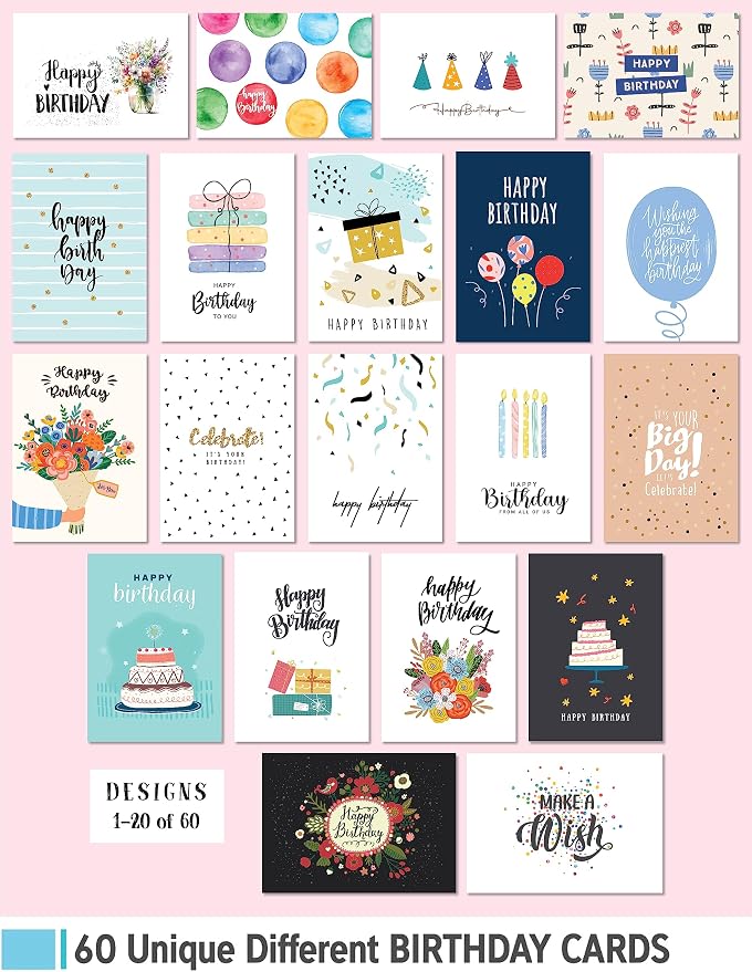 Office Birthday Cards for Employees & Coworkers 5x7 – Happy Birthday Cards Assortment, Bulk Birthday Cards with Envelopes, Professional Greeting Messages Inside, 60-Count Box Variety