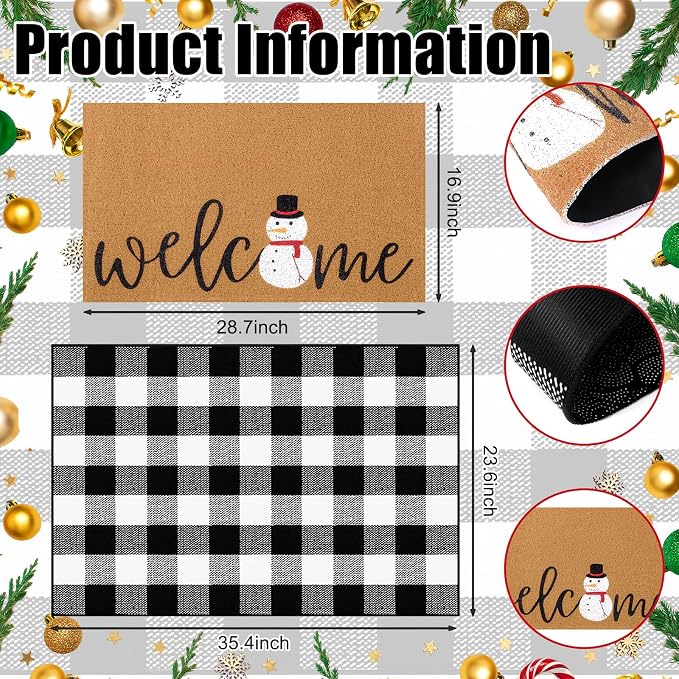 Tinideya 2 Pcs Winter Door Mat Snowman Welcome Non Slip Coir Mats Snow Black White Buffalo Plaid Floor Layering Doormats Seasonal for Front Porch Entryway Decor(Snowman)