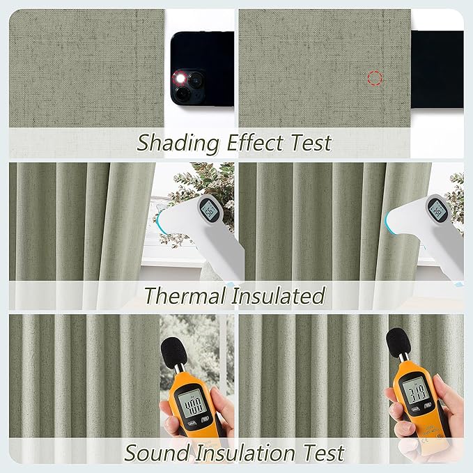 Sage Green 100% Blackout Linen Curtains 95 Inch Length 2 Panels Set for Living Room Bedroom Back Tab Rod Pocket Thermal Insulated Black Out Drapes Room Darkening Window Curtains 95 Inches Long