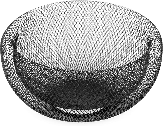 Torre & Tagus 11 Inch Black Double Wall Wire Mesh Metal Decorative Bowl, Modern Fruit Bowl Basket for Kitchen Island, Dining Room Table, Entryway Console, Great Room Accent Table, Home Office Decor