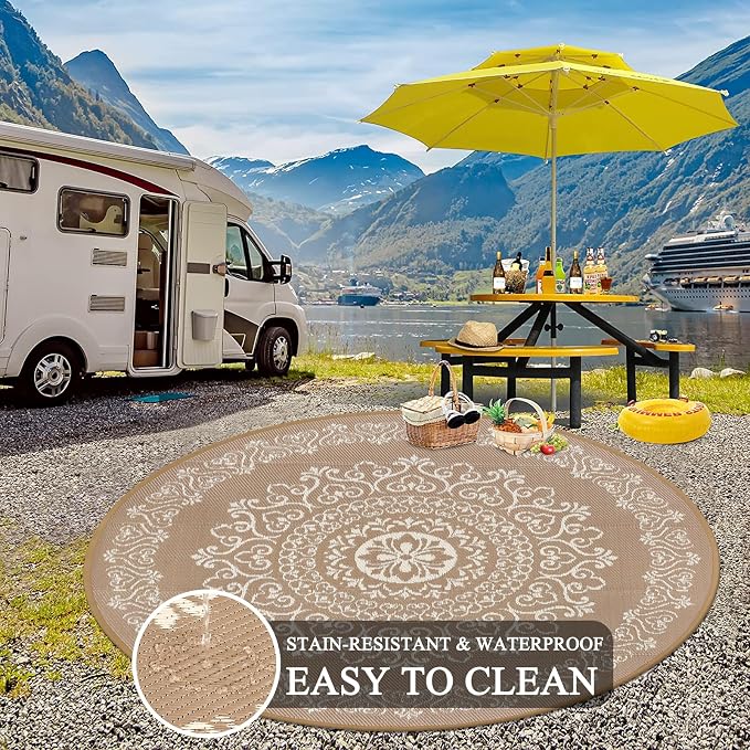 Pauwer Outdoor Rug 8ft, Waterproof Plastic Straw Camping Rug, Floral Brown | Reversible Patio Rug, UV Resistant Indoor Outdoor RV Mat Carpet For Deck, Camper, Porch, Balcony, Backyard, Picnic, Foldable